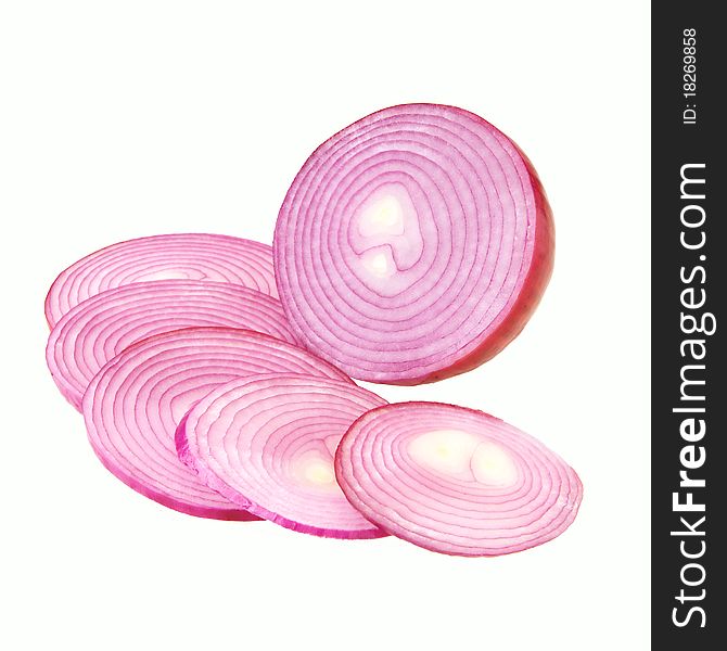 Sliced purple onion on white with copy space