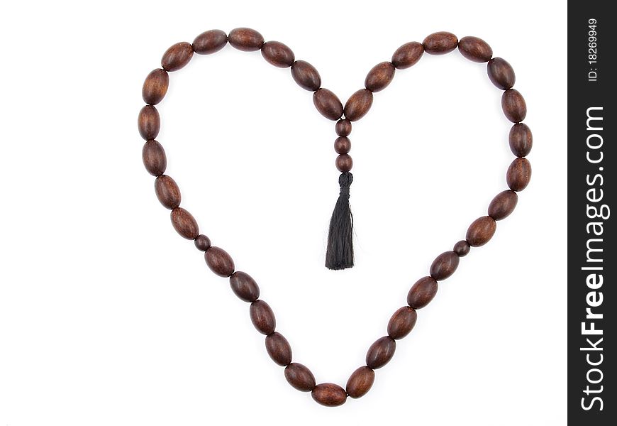 Cherrywood Rosary in Form of a Heart on a White Background