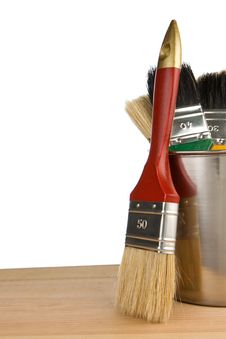 Paint Bucket And Paintbrush Isolated On White Stock Photos
