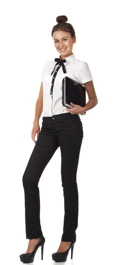 Girl In Office Attire Stands And Holds A Laptop Co Royalty Free Stock Image Girl In Office Attire Stands And Holds A Laptop Co Royalty Free Stock Image