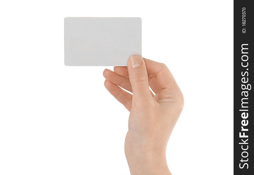 Hand holding a business card isolated on white background