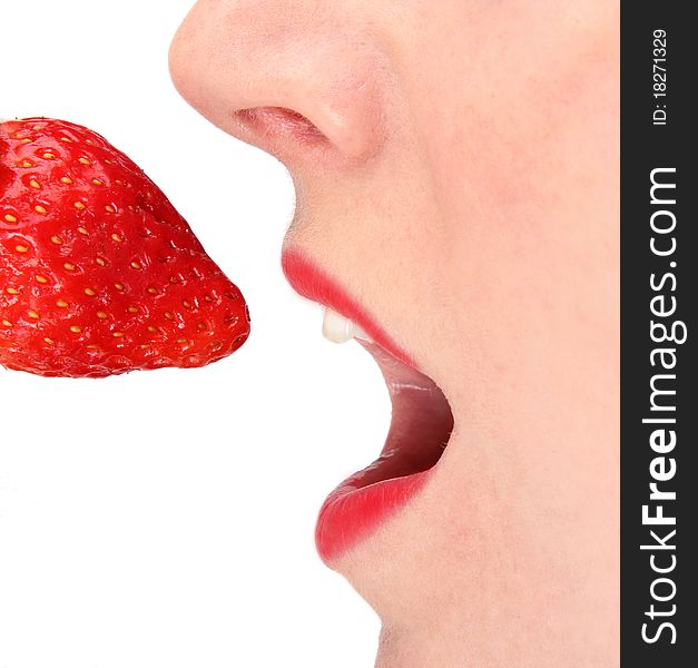 Studio photo of woman lips wanting to eat strawberry. Studio photo of woman lips wanting to eat strawberry