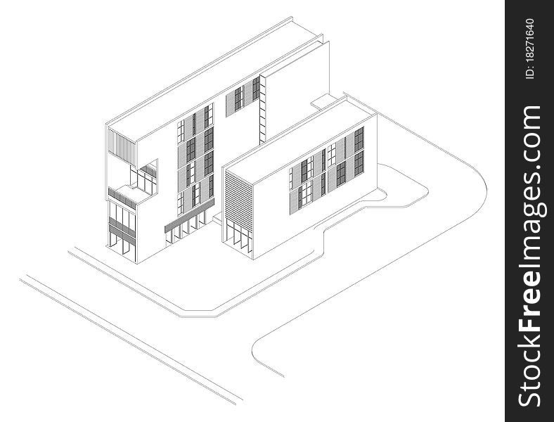 An isometric drawing of a modern youth hostel design. An isometric drawing of a modern youth hostel design