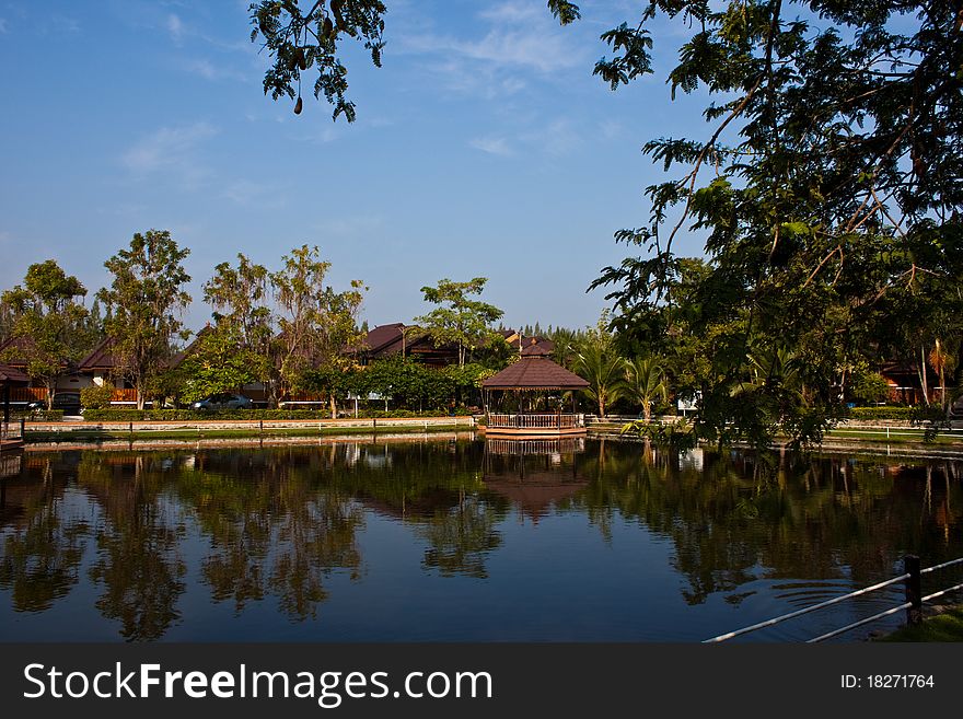 Pavilion on lake at bluesky. Pavilion on lake at bluesky