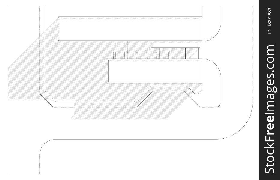 Top view of a youth hostel architectural design showing the two blocks building with the garden between. Top view of a youth hostel architectural design showing the two blocks building with the garden between