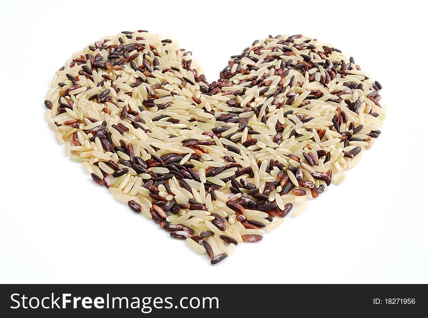 Heart mixed indica rice on white background