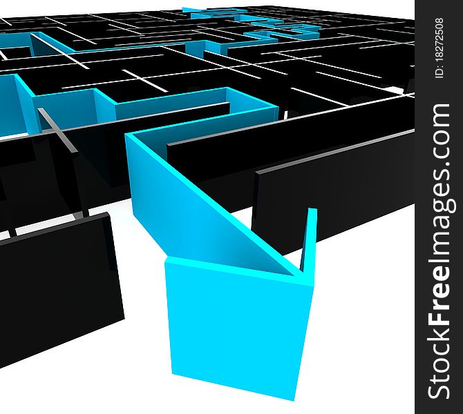 A labyrinth of transparent blocks through which the blue arrow. 3d computer modeling