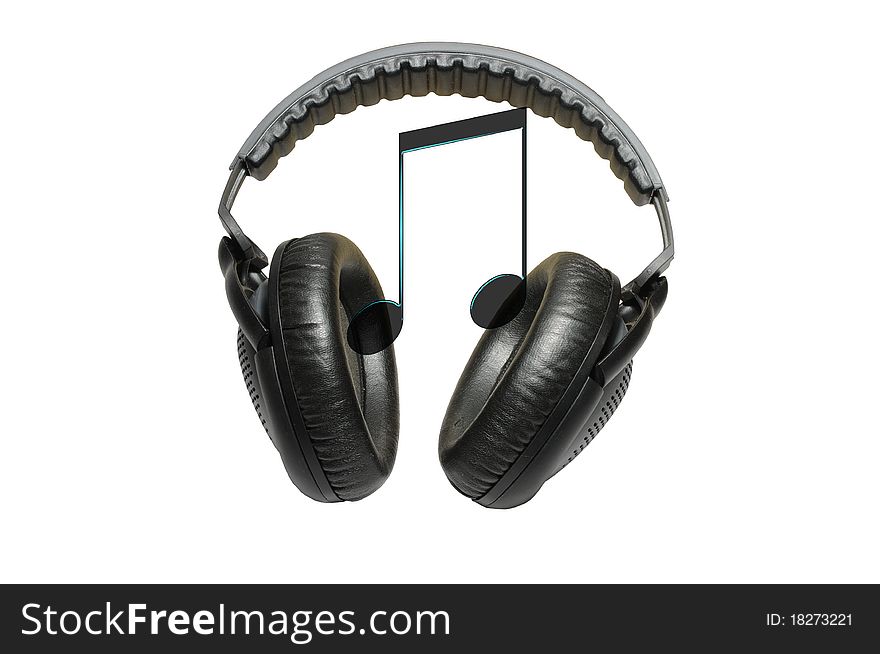 Black professional headphones and music isolated on white background. Black professional headphones and music isolated on white background
