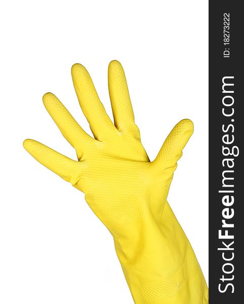 Woman wears a yellow rubber glove isolated on white background