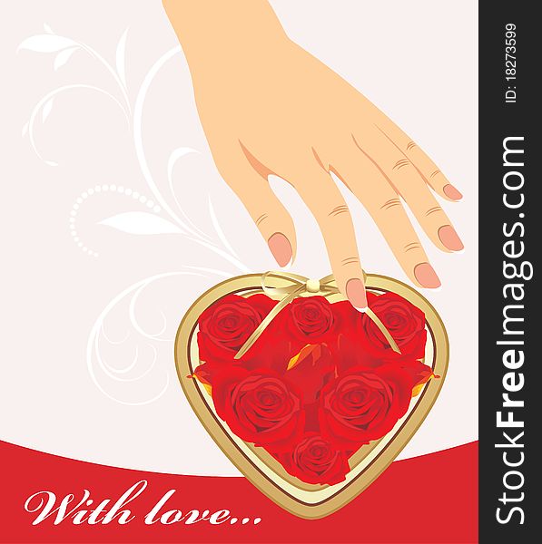 Female hand and heart with red roses. Illustration