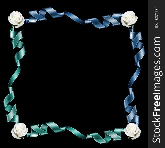 a black background with a frame of green , blue ribbons and white roses flowers in each corner. a black background with a frame of green , blue ribbons and white roses flowers in each corner