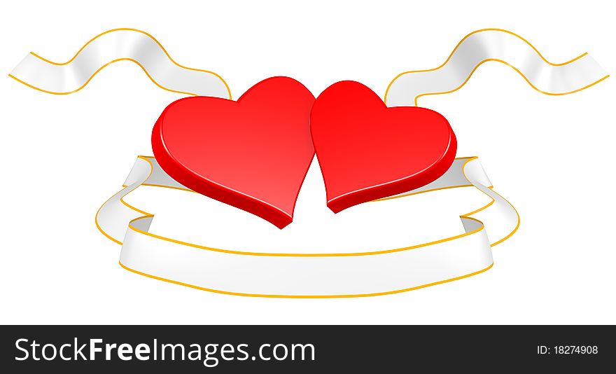 Two hearts with a gold ribbon on a white background