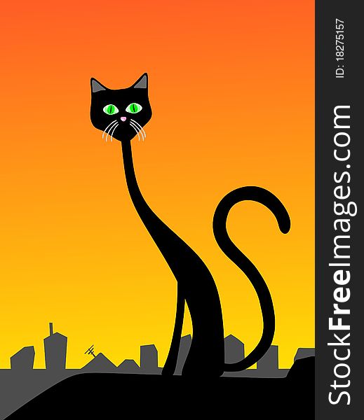 Black cat on a house roof. Black cat on a house roof.