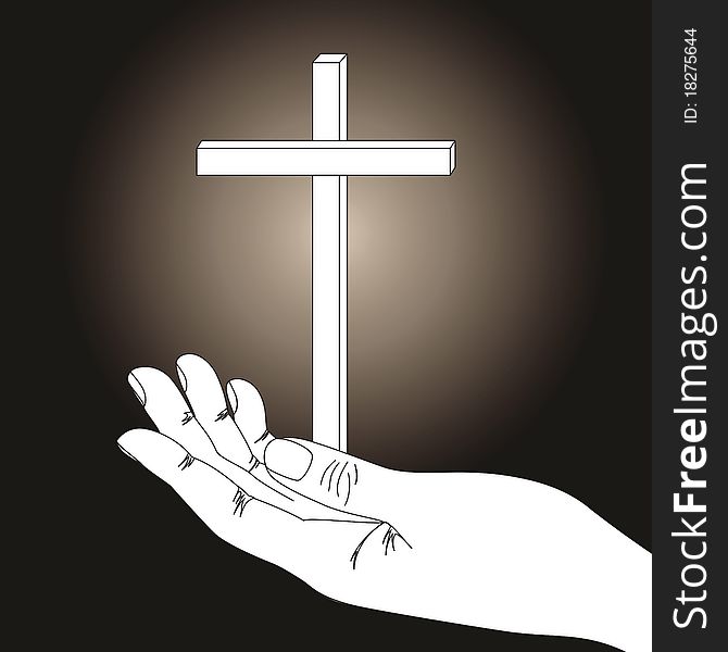Cross and hand on  dark background. Cross and hand on  dark background