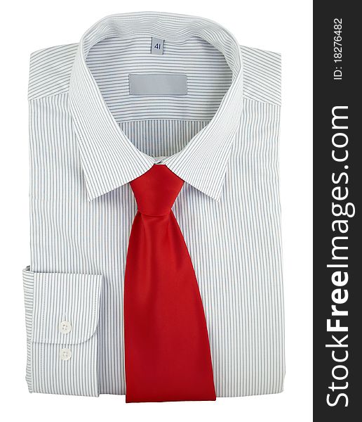 Close-up of new shirt with red silk necktie isolated over white background. Close-up of new shirt with red silk necktie isolated over white background