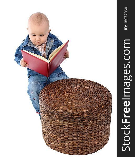Baby boy reading book on white background. Baby boy reading book on white background