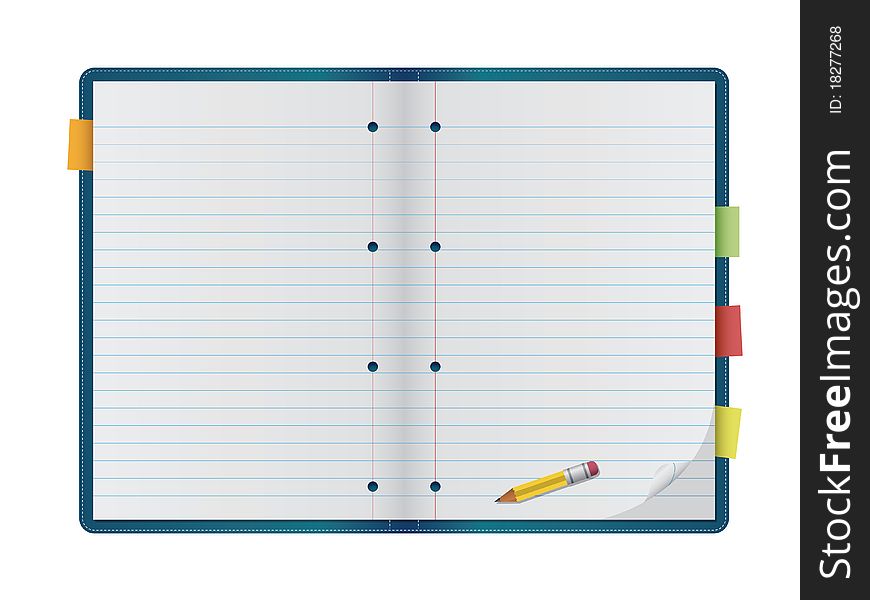 An open notebook with pencil, isolated on a white background. Editable illustration. An open notebook with pencil, isolated on a white background. Editable illustration.