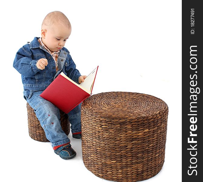 Baby boy reading book on white background. Baby boy reading book on white background