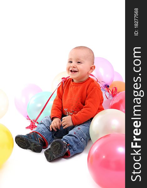 Happy baby boy with balloons on white background. Happy baby boy with balloons on white background