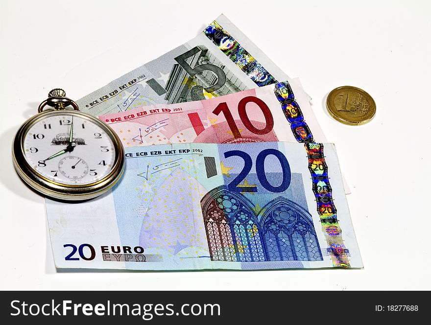 Euro banknotes and pocket watch. Euro banknotes and pocket watch