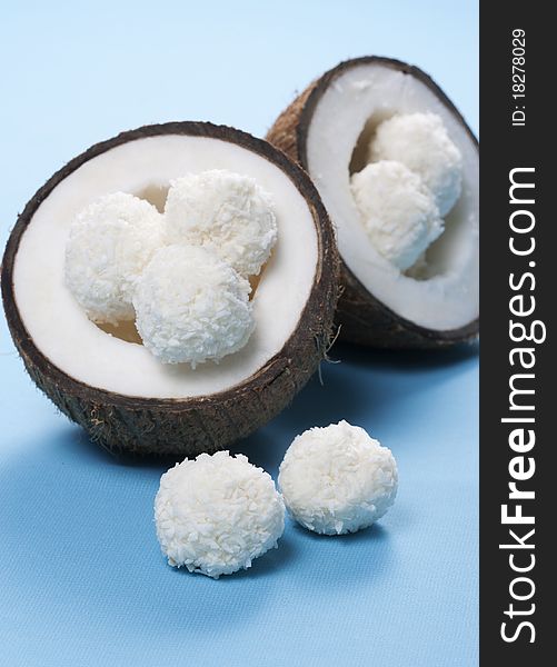 Homemade coconut sweets and fresh coconut. Homemade coconut sweets and fresh coconut