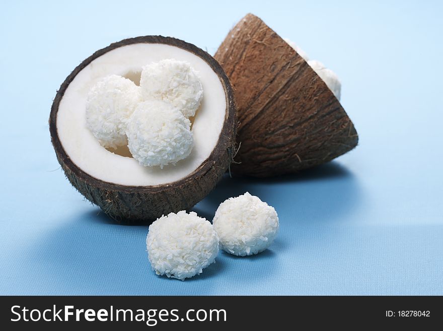 Homemade coconut sweets and fresh coconut. Homemade coconut sweets and fresh coconut