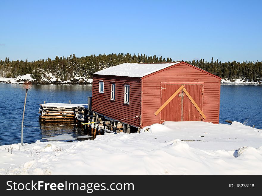 Fishing stages and wharf in winter