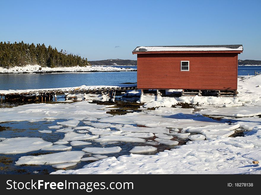 Fishing stages and wharf in winter