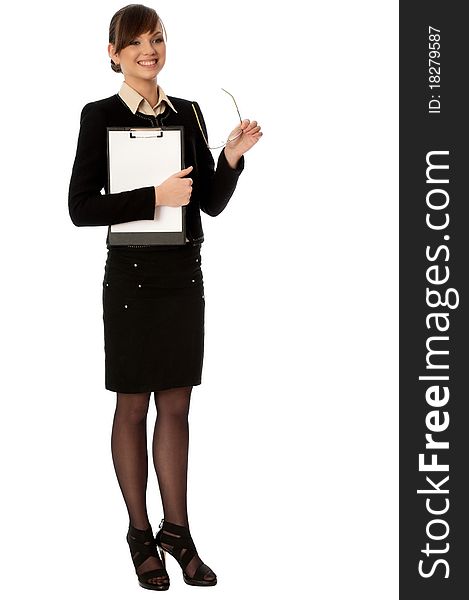 Woman holding clipboard with blank paper in the hand. Woman holding clipboard with blank paper in the hand