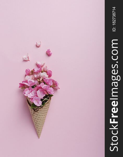 Summer minimal concept. Ice cream cone with pink begonia flowers on pink pastel background. Flat lay. Top view with a copy scpace. Creative layout