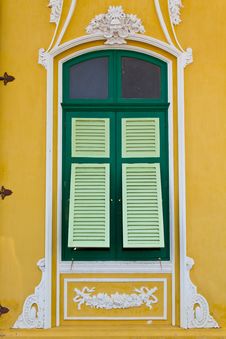 Closed Green Window On The Yellow Wall Royalty Free Stock Photo Closed Green Window On The Yellow Wall Royalty Free Stock Photo