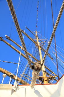 Ship Tackles, Rigging On A Old Frigate Royalty Free Stock Photography