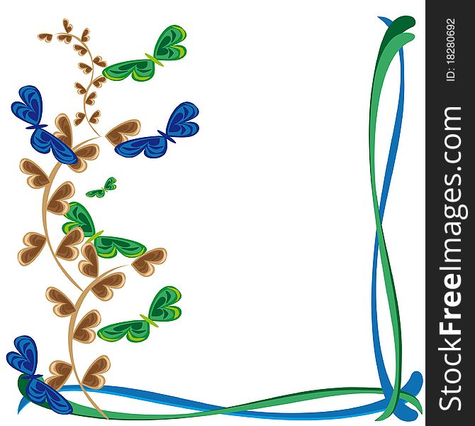 Abstract framework with branches and butterflies. Illustration.