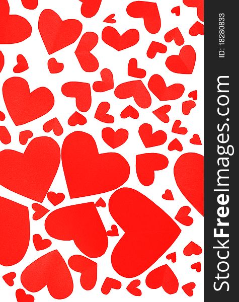 Red hearts background, many paper hearts isolated on white