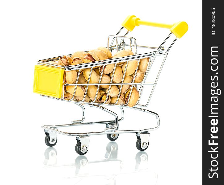 Pistachios in the shopping cart. Isolated.