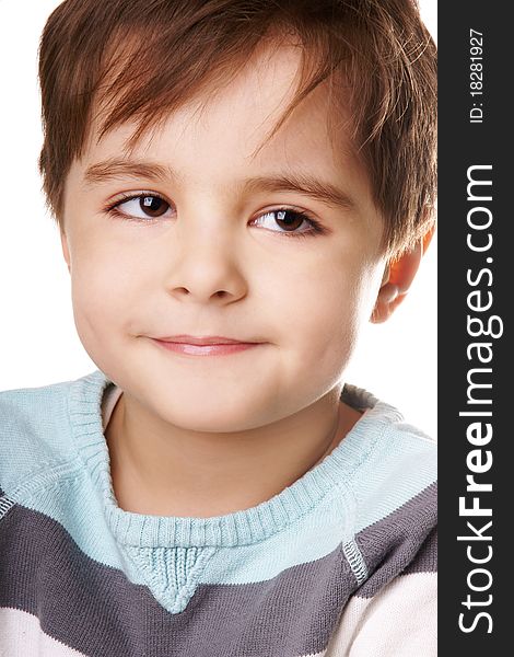 Close-up portrait of cute thoughtful little boy isolated on white background. Close-up portrait of cute thoughtful little boy isolated on white background