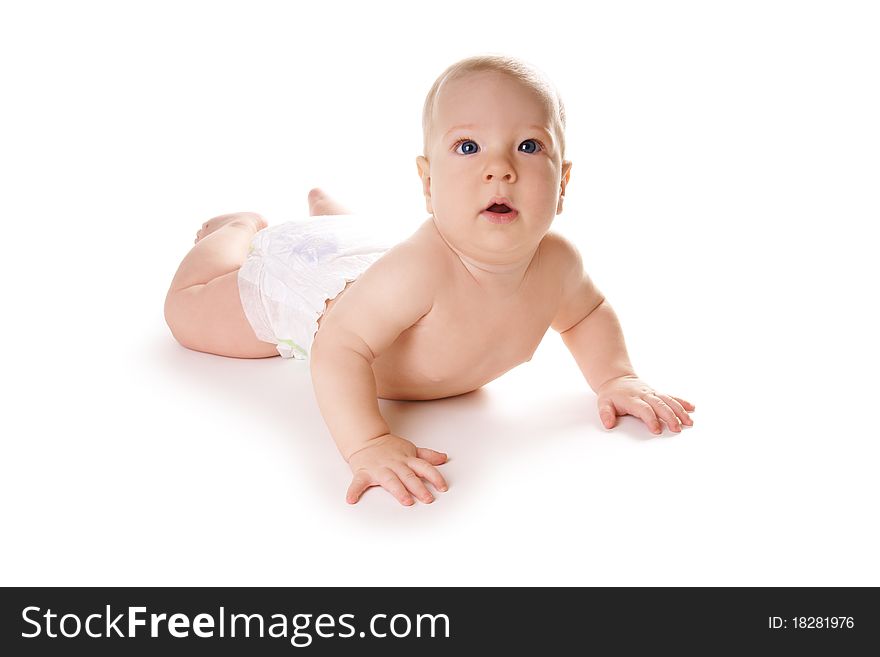 Little child, cute smiling baby boy isolated on white background