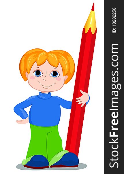 The boy holds a red pencil in his hand. Vector illustration. Isolated on white. The boy holds a red pencil in his hand. Vector illustration. Isolated on white.