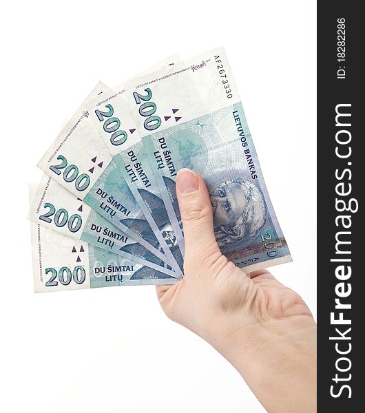 Hand holding Lithuanian money litas banknotes. Hand holding Lithuanian money litas banknotes