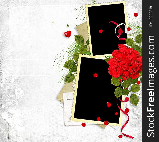 White frame with red roses on the white background