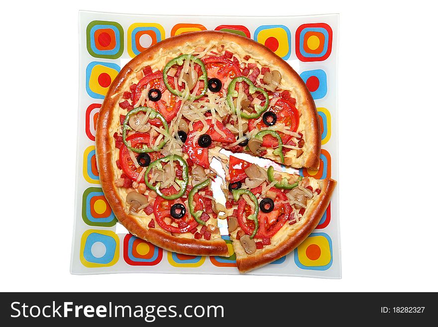 Pizza on glass colour plate Isolated on white background