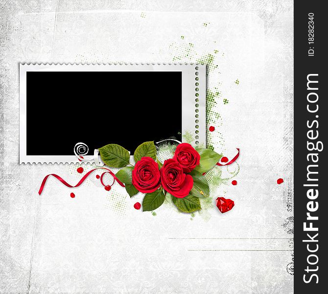 White frame with red roses and heart