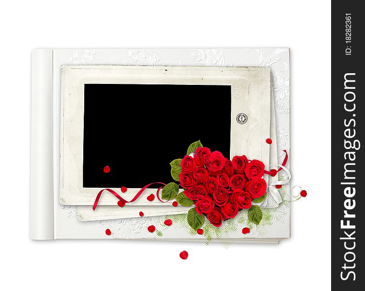 White beautiful album with red roses heart on the white background. White beautiful album with red roses heart on the white background