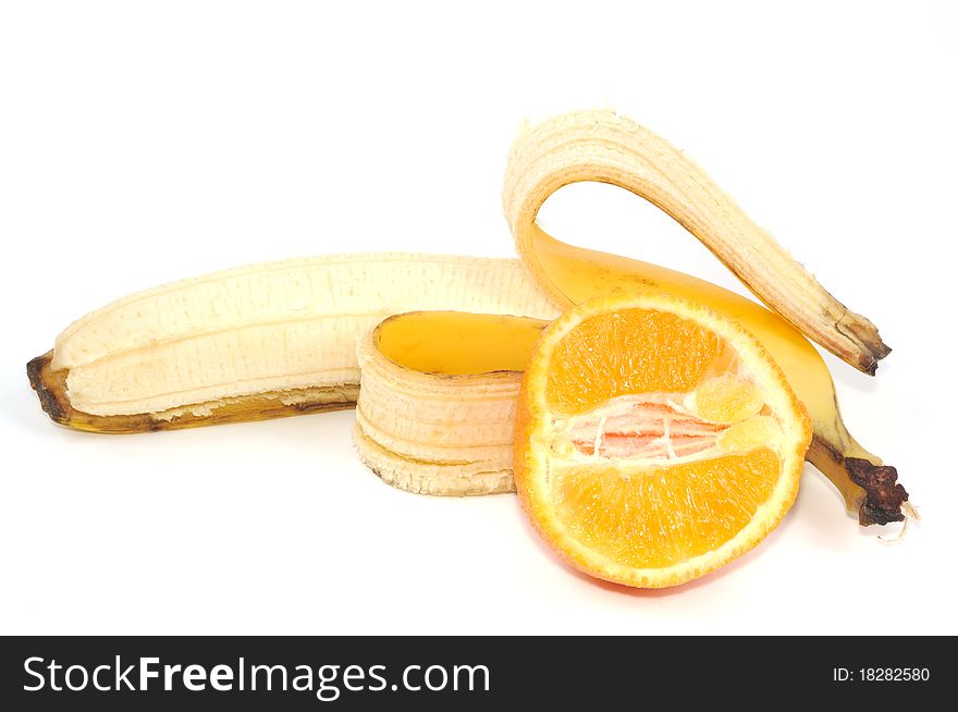 Banana and orange isolated on a white background. Banana and orange isolated on a white background