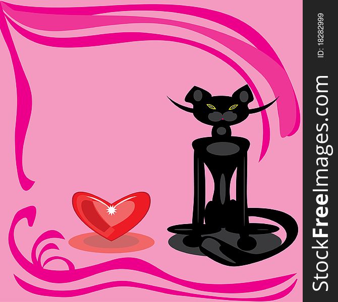 Black cat and heart on a pink background.