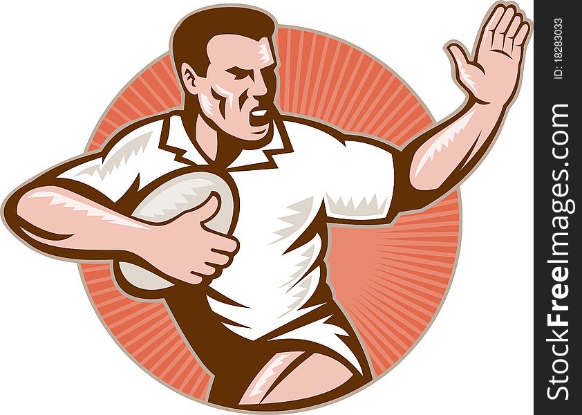 Rugby Player With Ball Fending Off