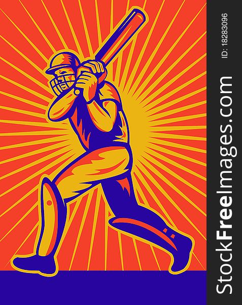 Illustration of a cricket batsman batting front view with sunburst in background done in retro style