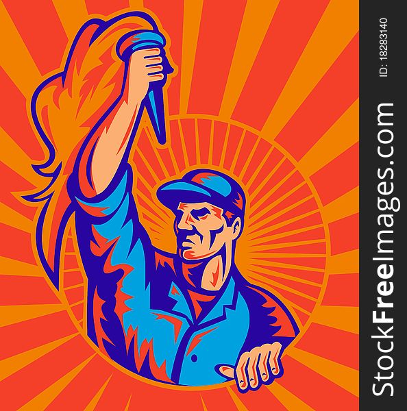 Illustration of a male worker carrying flaming torch with sunburst in background done in retro style