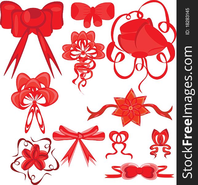 Set of red bows on the isolated background. Illustration.