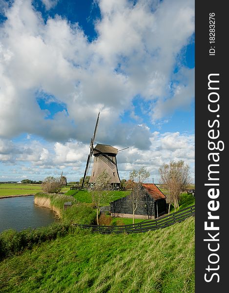 Beautiful windmill landscape in the Netherlands, Schermerhorn, Schermer, Noord-Holland